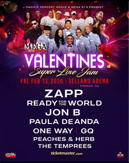 Jessie James Johnson on Instagram: "❤️✨ Fresno, get ready for the ultimate Valentines Super Love Jam! ✨❤️ Una noche llena de puro romance, funk y throwback vibes 🔥 🎤 ZAPP 🎤 Ready For The World 🎤 Jon B 🎤 Paula DeAnda 🎤 One Way 🎤 GQ 🎤 Peaches & Herb 🎤 The Temprees This is THE show you don’t wanna miss! Friday, Feb 13, 2026 Selland Arena ❤️‍🔥 Tickets available now at ticketmaster.com Tag your date… or your situationship 👀❤️@pacificconcertgroup #ValentinesSuperLoveJam #SellandArena #reels