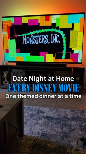 Heather Metroka ✨️ Magical Movie Themed Dinners. on Instagram: "Working our way through every Disney movie - one fancy feast at a time! Send this to someone you want to start a dinner and a movie tradition with & don't forget to save for inspo! This Monsters Inc dinner was just so dang cute! That 2319 cocktail inspired by the famous George Sanderson sock scene is one of my favorite drinks ever 🤣 ! You can find all recipes and Printable menus for this plus 12 other Pixar inspired Dinner and a Mo