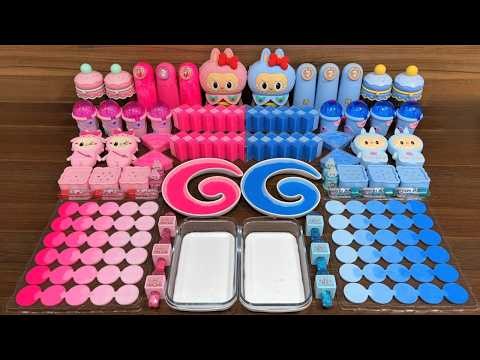 Glossy slime mixing – Pink vs blue Labubu charms & soothing sounds
