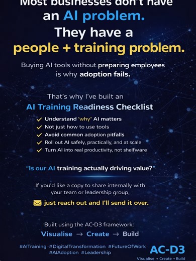 AC-D3 on Instagram: "Most businesses don’t have an AI problem. They have a people + training problem. Buying AI tools without preparing employees is why adoption fails. That’s why I’ve built an AI Training Readiness Checklist for businesses — designed to help teams: • Understand why AI matters (not just how to use tools) • Avoid common adoption pitfalls • Roll out AI safely, practically, and at scale • Turn AI into real productivity, not shelfware This checklist helps leaders answer one question