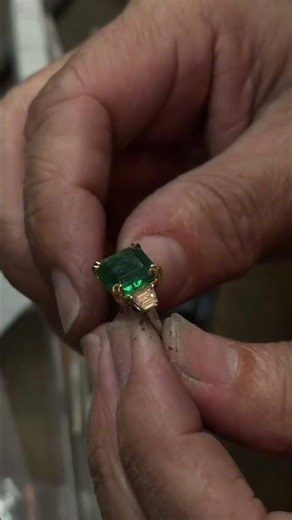 4.49 Carat Asscher Cut Zambian Emerald Three Stone Ring With Trapezoid Diamonds in 18K Gold