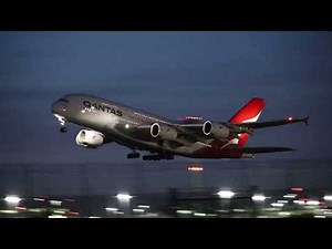 Qantas A380 late night departure from London Heathrow, LHR