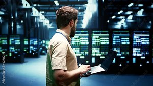 Administrator checking event logs and diagnostic tools to identify malfunctioning data center equipment root cause. Engineer using laptop to inspect server rig operating system configuration settings