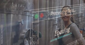 Processing data and loading animation over woman working in industrial facility