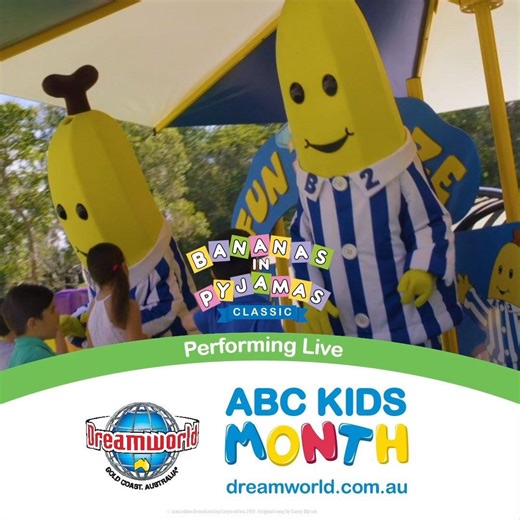 The Bananas in Pyjamas new show has started for ABC KIDS Month! Visit ABC KIDS World tomorrow, Thursday 9 May 2019 & between Saturday 11 May - Wednesday 15 May to dance along with the famous residents of Cuddlestown. To find showtimes & meet and greet times visit bit.ly/2Di2vby | Dreamworld Australia