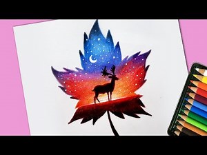 Scenery drawing inside Maple leaf with Colour PENCIL