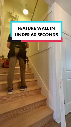Feature wall installation in under 60 seconds #diy #boardandbatten #wainscoting #carpentry #carpenter #tools #remodel #renovation #contractor #stairrenovation #stairremodel #FlexEveryAngle #contractorlife