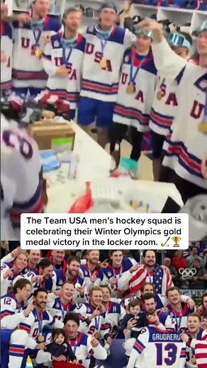Team USA men’s hockey squad celebrating their Winter Olympics gold medal victory in the locker room.