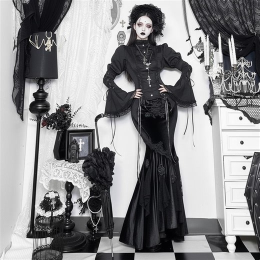 Victorian Gothic Mermaid Dress - Black Velvet Bell Sleeve Gown - Romantic Goth High Neck Lace Prom Dress - Morticia Addams Inspired Evening - Etsy