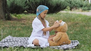 Playing hospital game pretend doctor. Bandages head. Hospital and medicine.