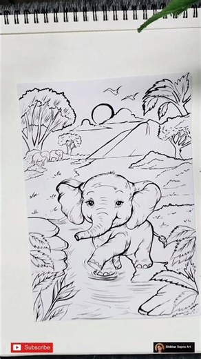 Cute Baby Elephant enjoying nature Drawing🐘☀️🌿🍀#shorts#drawing#art#elephantdrawing#cuteart💕
