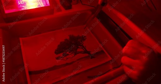 Professional darkroom photo printing with manual print development and chemical processing. Classic photographic workflow