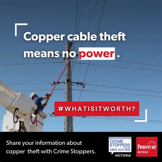 17 reactions | Copper cable theft can cause power outages, affect streetlights and pose a serious safety issue. ​ CitiPower and Powercor Australia and Crime Stoppers Victoria are working together to make a safer Victoria for everyone by stopping theft of copper cables. ​ If you see suspicious activity or have information about copper cable theft, contact Crime Stoppers Victoria on 1800 333 000 or https://bit.ly/3E5fXxH | Crime Stoppers Victoria | Facebook
