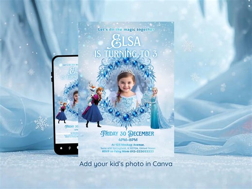 Frozen Birthday Invitation With Photo, Elsa Winter Princess, Editable Canva Template (digital Download) - Etsy