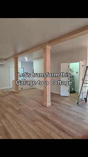 Follow along to see this go from a greasy garage to cozy cottage ❤️ #garageconversion #garagehome #newbuild #garagetransformation #tinyhouse #tinyhome under #1000squarefeet #smallhouse #smallhousedesign #renovationproject #renovation #luxuryvinylplank #tiktokhome #columns #openfloorplan #kitchen