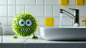Cute cartoon pathogenic microbes and bacteria in the kitchen. Danger of food establishment. Hygiene rules and cleaning creative funny concept