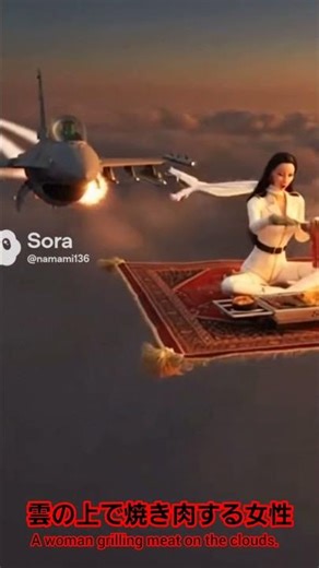 雲の上で焼き肉する女性。A woman grilling meat on the clouds．ショート動画。 short video．人形劇 puppet show