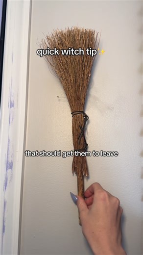 Megan | witch tips on Instagram: "witch tip to get unwanted guests to leave, using an upside down broom. brooms, known for their cleansing properties, are said to provide protection and ward off unwanted spirits. If you’re at someone’s house and see them flip their broom, it’s time to hit the road. #witchtip #brooms #witchtok #beginnerwitch #protectionspell #folkmagic #superstition"