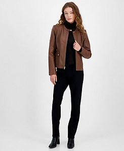 Cole Haan Women's Woven-Shoulder Zip-Front Leather Coat - Macy's