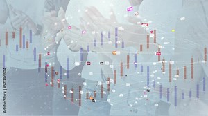 Computer graphics against the background of hands clapping in the palms of red and blue charts from Chinese candlesticks and digital indices are moving. Currency exchange person to person. Blockchain.