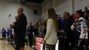 American Idol competitor Olivia Swearingen sings the National Anthem before the start of the charity basketball game Thursday night at Douglas High. #recordcouriernv #americanidol #incrediblevoice | The Record-Courier