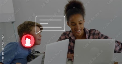 Teenage girl typing laptop, red avatar popping near boy, rotating speech bubble, working on STEM