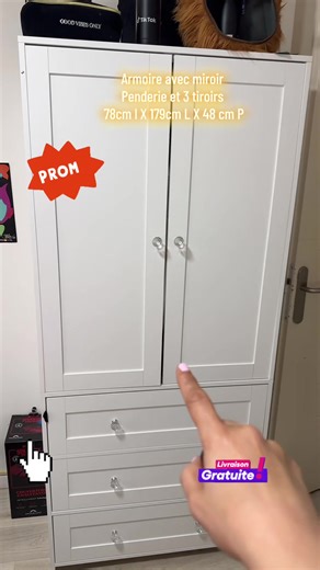 Armoire avec miroir Penderie et 3 tiroirs 78cm l X 179cm L X 48 cm P #armoire #vowner