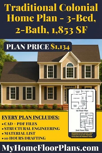Traditional Colonial Home Plan - 3 Bed, 2 Bath, 1,853 SF