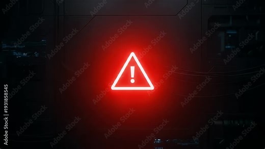 Red warning triangle exclamation sign glowing alert light dark server indicating system error urgent malfunction and red glowing warning triangle with exclamation mark futuristic control