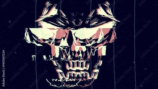 Human skull symbol animation with heavy distortions and glitch effects