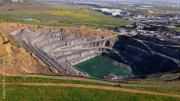 Massive open-cast mine quarry in lush fertile landscape. Aerial dolly