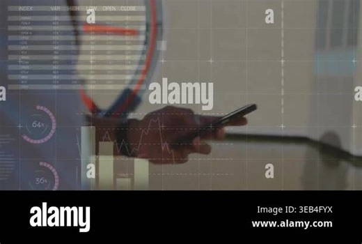 Animation of statistical data processing against mid section of man using smartphone at office. Computer interface and business data technology concept Stock Video Footage - Alamy