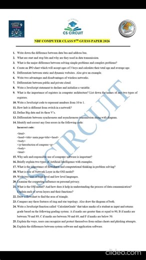 Computer Class 9 Guess Paper 2026 | FBISE New Book NBF | 100% Most Expected Questions | Cs Circuit