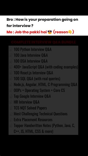 M R Karthik Gowda on Instagram: "💬 Comment “Bundle” & I’ll DM you the link! 🔗✨ 🚀 Get a complete Tech Interview Preparation Bundle in one place! 📚 Perfect for students, freshers, and job seekers preparing for coding rounds and technical interviews. ✅ Programming Language Interview Q&A (Python, Java, C, C++, JS & more) ✅ DSA, OOPs, OS, DBMS, CN & Core CS Concepts ✅ Handwritten Notes for Quick Revision ✅ Coding + HR Interview Questions ✅ Company-Specific Preparation 