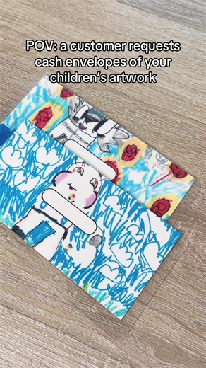 When I tell you my kids LOVED seeing their art transformed like this! 🎨♥️ 12 custom cash envelopes for Alicia - an online friend and supporter of WBS for many years! So grateful for you and your ongoing support, Alicia! I hope you love your new cash envelopes! 💕 #cashenvelopes #cashenvelopesystem #cashenvelopestuffing #cashstuffing #cashstuffingenvelopes