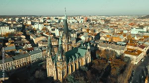 4k Aerial footage from flying drone over historical center of Church of St. Olga and Elizabeth old Catholic Cathedral in town Lviv, Ukraine. landmarks, architecture of ancient european city