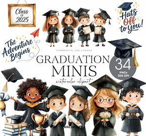 Preschool Graduation Clipart, Cute Kids Graduation PNG, Watercolor Graduation, Diploma Clipart, Graduation Hat, Elementary Graduation - Etsy