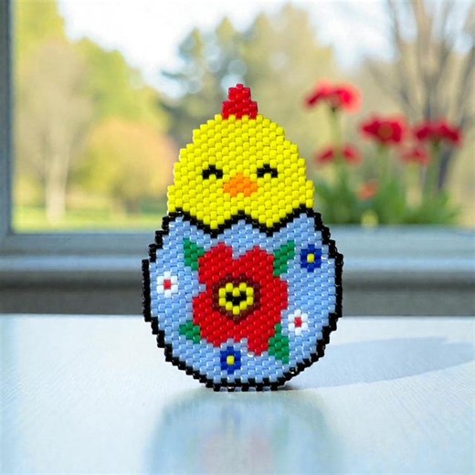 Spring Chick in Egg Bead Pattern PDF - Beginner Peyote & Brick Stitch, Easter Ornament, Miyuki Delica 11/0, Farmhouse Floral Design - Etsy
