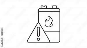 Animated battery flammability icon. Explosion risk sign line animation. Product safety regulation. Black illustration on white background. HD video with alpha channel. Motion graphic