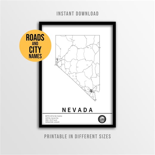 Nevada State Map Poster, Printable USA Road Map With City Names (instant Download) - Etsy Australia