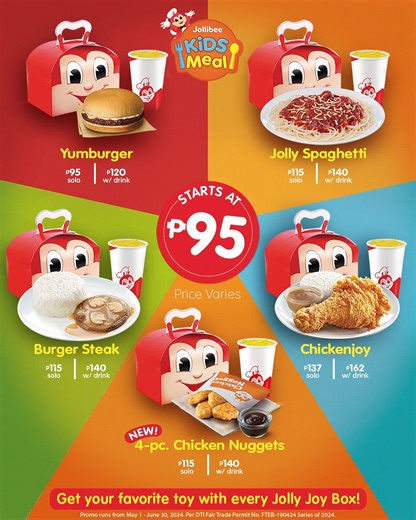 Level-up ang fun and learning with the kids kasama ang Jolly Learning Play Set! Buy any Jolly Kids Meal and collect all 4 toys! Order yours today! 📱 bit.ly/JollibeePHApp 💻 JollibeeDelivery.com ☎️ #87000 🏬 Dine-in or Take Out 🚗 Drive-Thru 🏍️ GrabFood or Foodpanda | Jollibee
