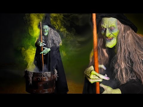 Witches Brew Wicked Witch Animatronic Halloween Prop with Smoking Cauldron