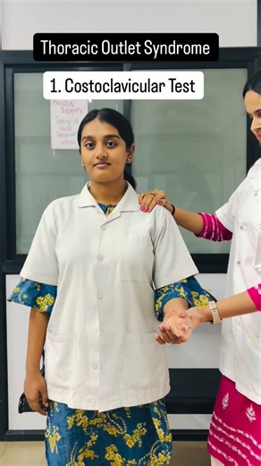 Dipsha Patel on Instagram: "Thoracic Outlet Syndrome (TOS) is assessed using several special clinical tests that provoke symptoms by narrowing the thoracic outlet. Here are the most commonly used tests, with clear steps and interpretation: 1•Costoclavicular Test: Shoulders back and down → symptom reproduction 2• Roos Test (EAST): Arms abducted 90°, open–close fists for 3 min → pain/paresthesia 3•Wright’s Test: Arm hyperabducted → ↓ pulse or symptoms 4•Reverse Adson’s Test:Neck extended, head tur