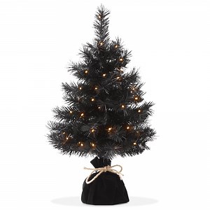 2FT Pre-Lit Artificial Mini Christmas Tree, Black Tabletop Tree with White Lights and Velvet Bag Base