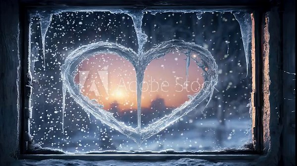 A beautiful winter scene is animated by a heart-shaped ice sculpture on a frozen window. The sun shines through, adding warmth to the magical scene, while snow falls outside