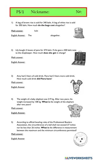 5 Word Problems worksheet