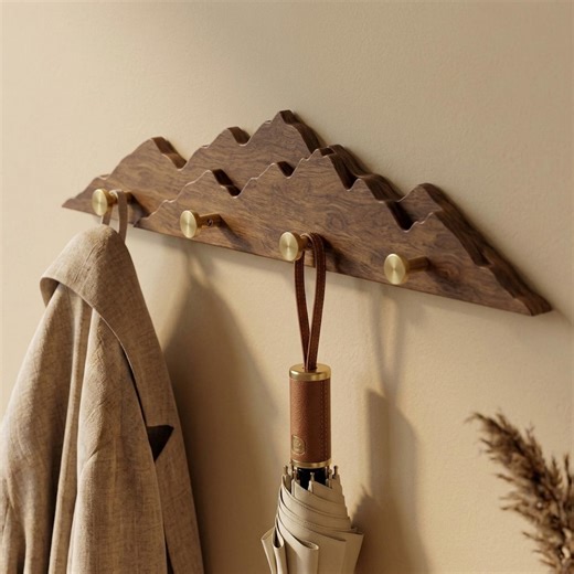 Walnut Mountain Coat Rack With Brass Hooks, Minimalist Entryway Organizer - Etsy