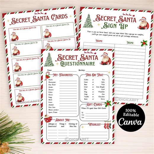 Secret Santa Questionnaire Editable for Coworkers,secret Santa Survey Template,secret Santa Sign up Sheet for Christmas,gift Exchange Cards - Etsy