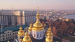 Drone with Ukraine flag is flying over Kyiv (Kiev) city center in Ukraine on March 20, 2020 Stock Video