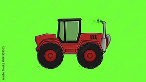 red farming tractor 2D animation green screen video.agricultural farm tractor cartoon animation video.
